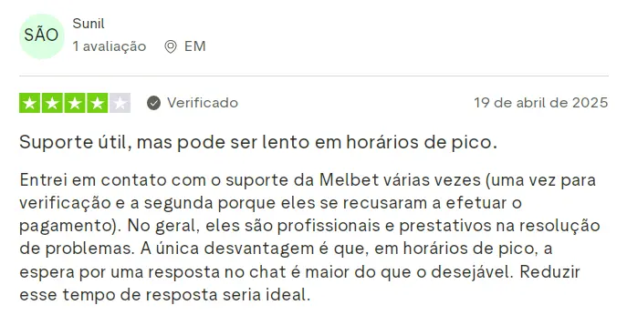 Avaliação do suporte da Melbet com feedback sobre atendimento profissional e tempo de resposta