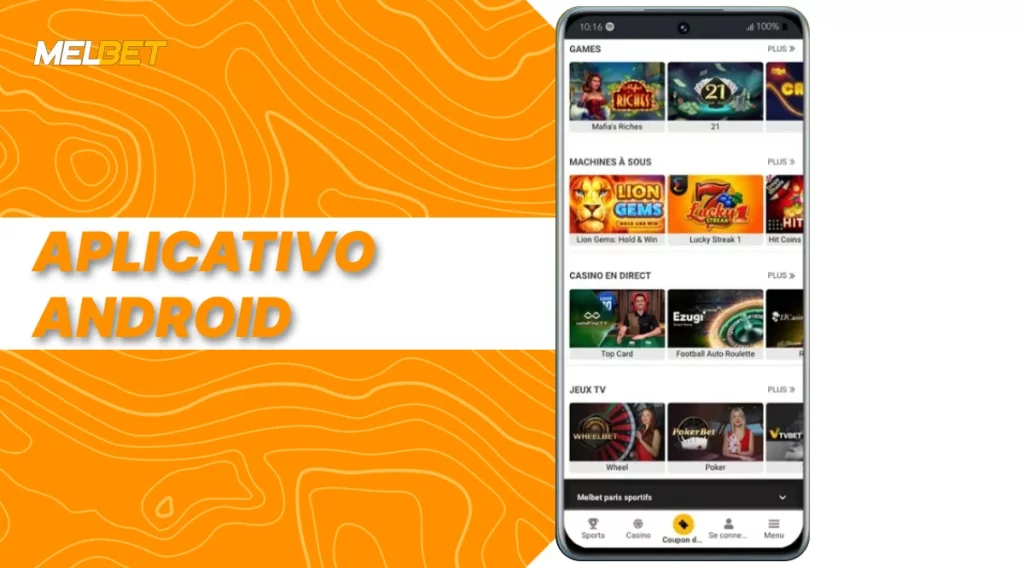 Aplicativo MelBet para Android com interface móvel para apostas esportivas e cassino