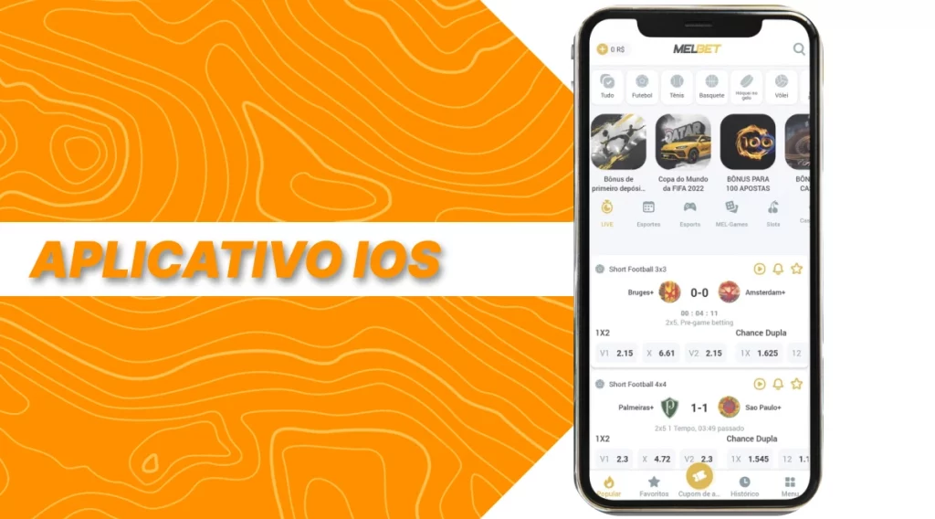 Aplicativo MelBet para iOS com interface de apostas esportivas no celular