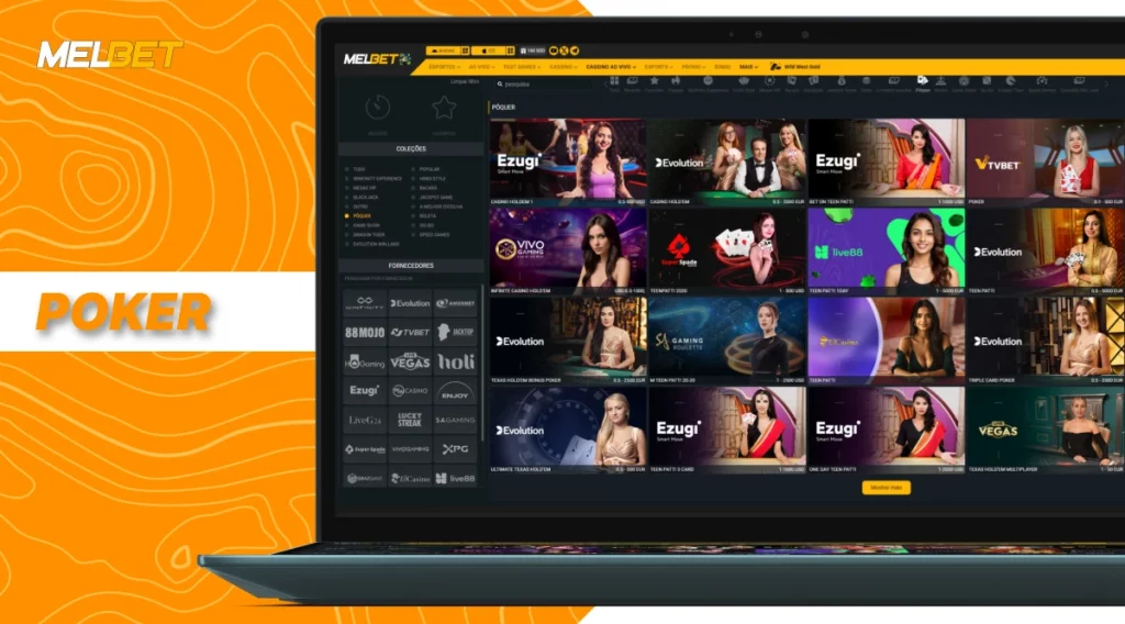 Poker ao vivo da MelBet com mesas e dealers profissionais
